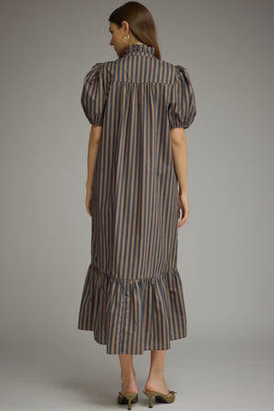 Navy & Brown Striped Midi Dress