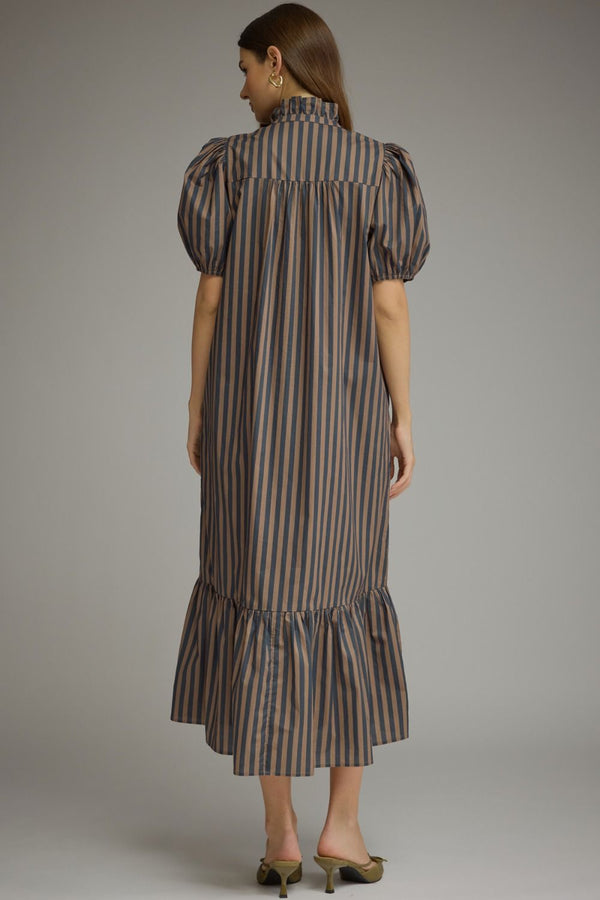 Navy & Brown Striped Midi Dress