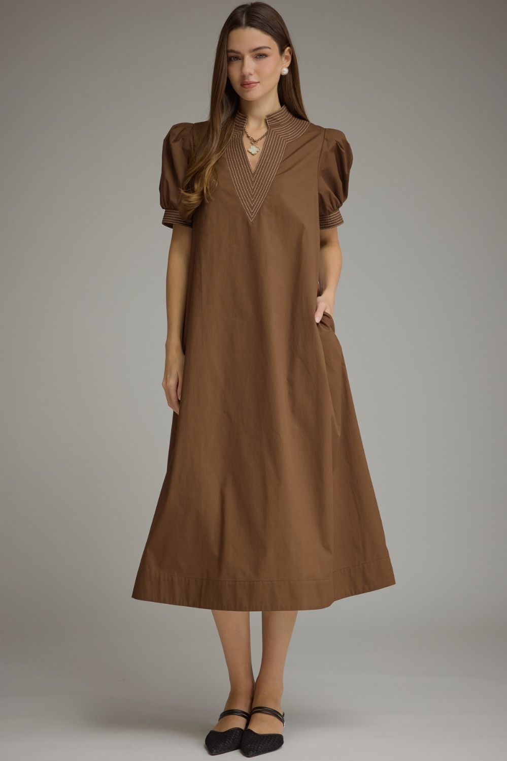 Brown Solid V-Neck Midi Dress