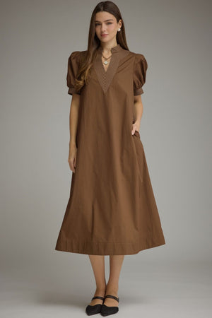 Brown Solid V-Neck Midi Dress