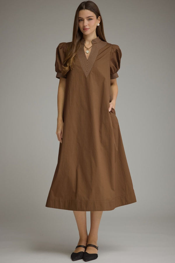 Brown Solid V-Neck Midi Dress