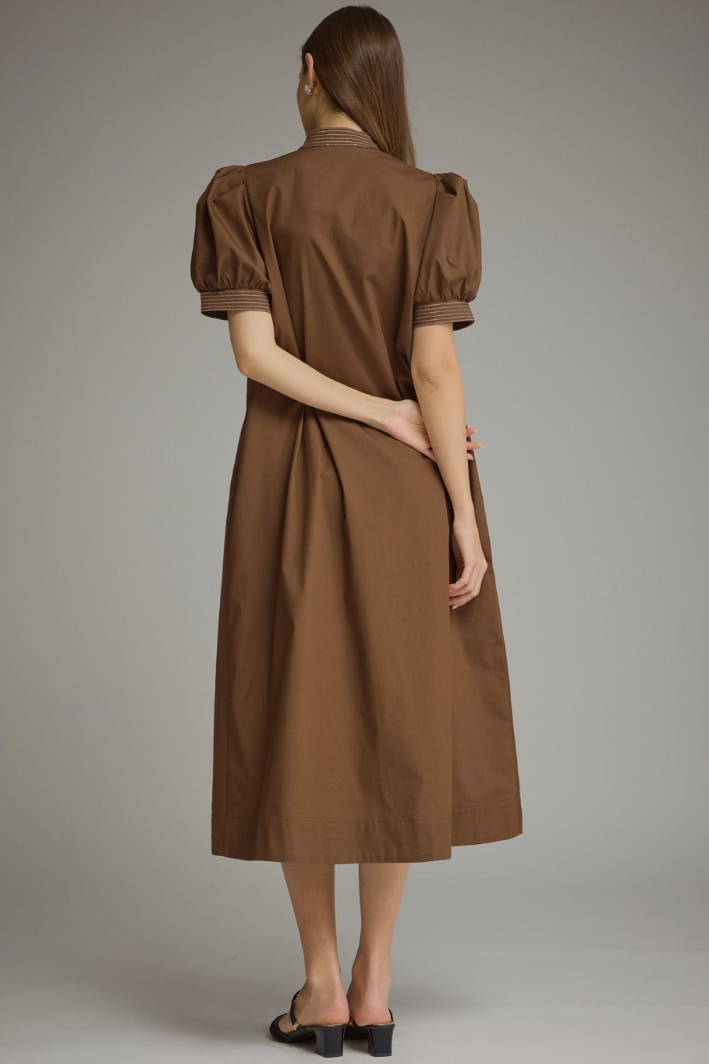 Brown Solid V-Neck Midi Dress