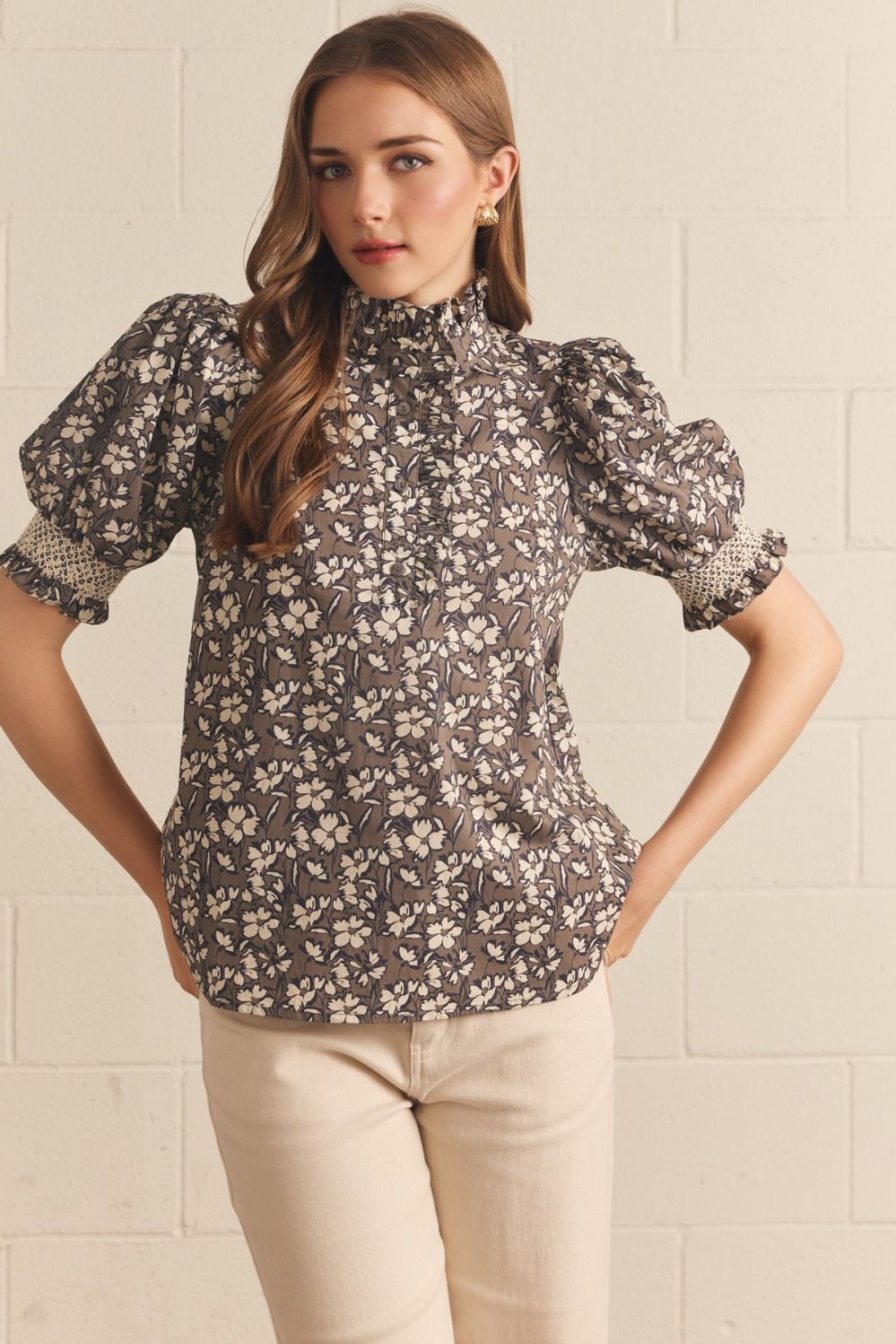 Floral Ruffle Mock Neck Top