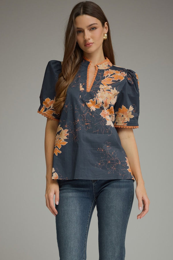 Navy & Orange Floral Top