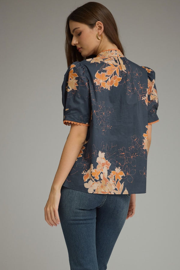 Navy & Orange Floral Top