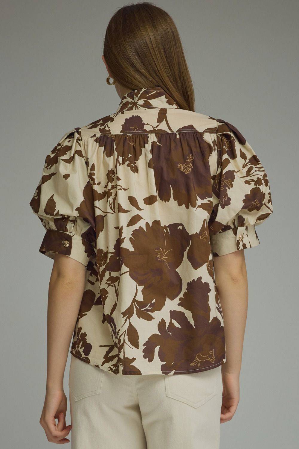 Brown Floral Button Top