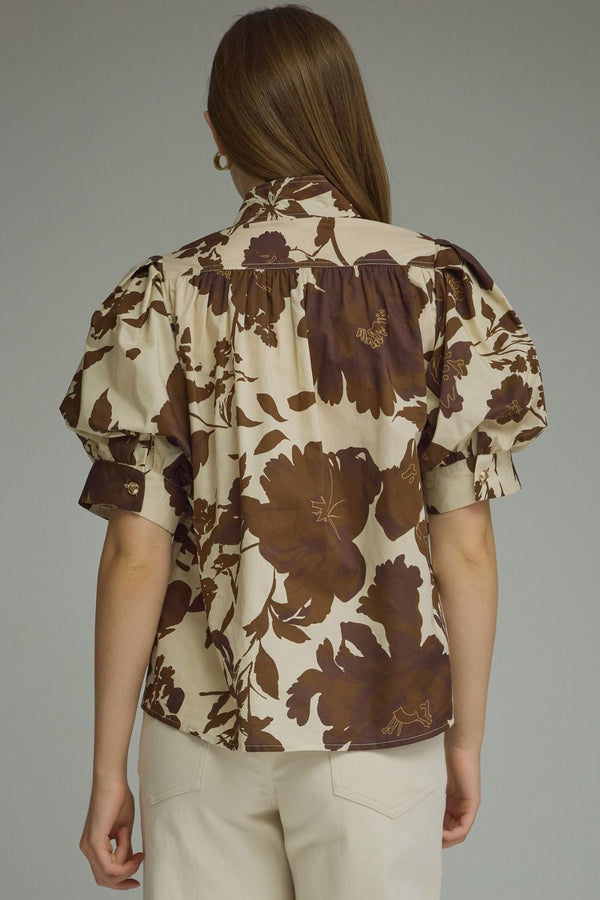 Brown Floral Button Top