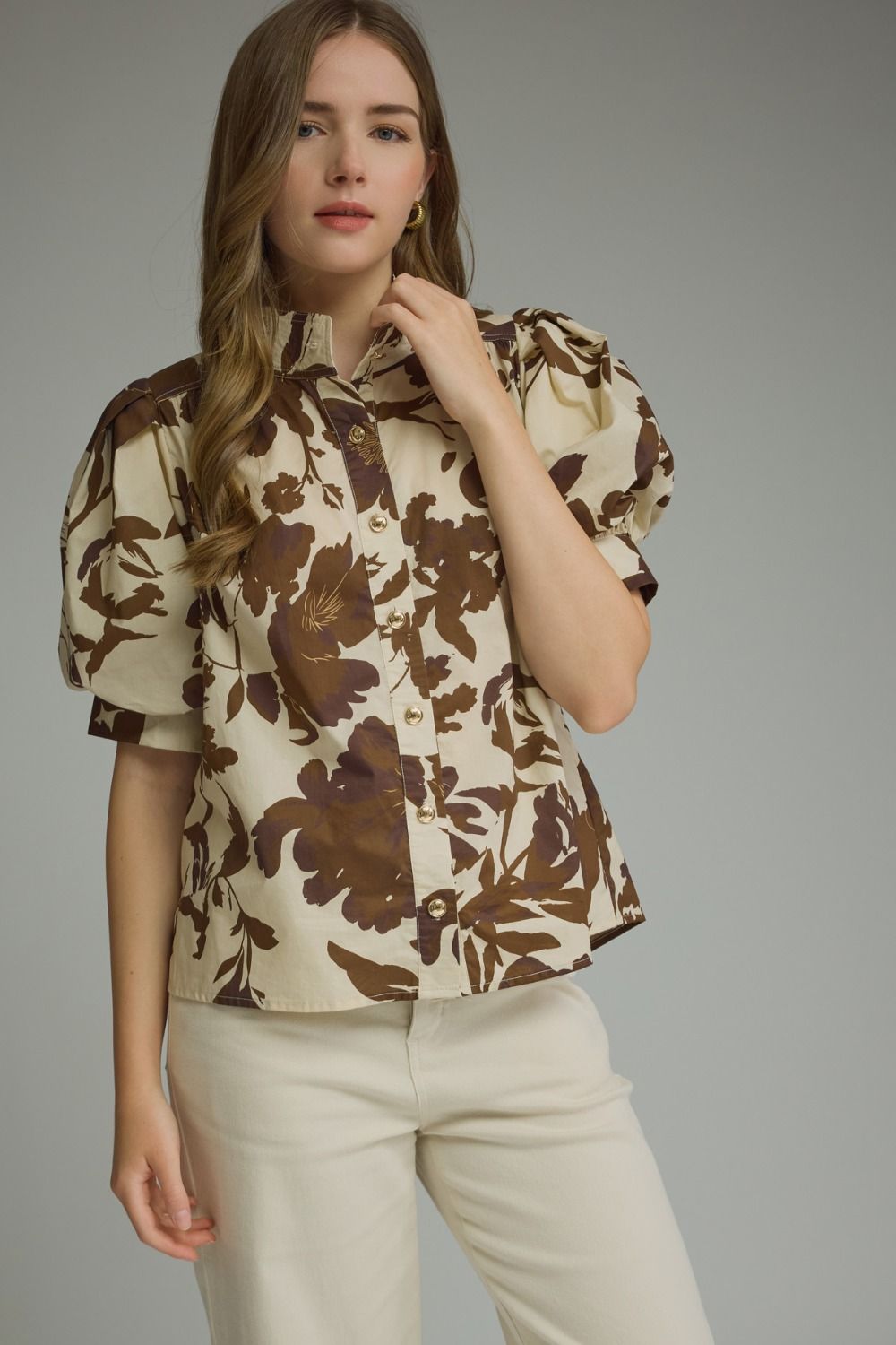 Brown Floral Button Top