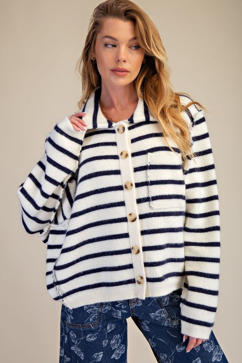 Button Down Stripe Knitted Cardigan