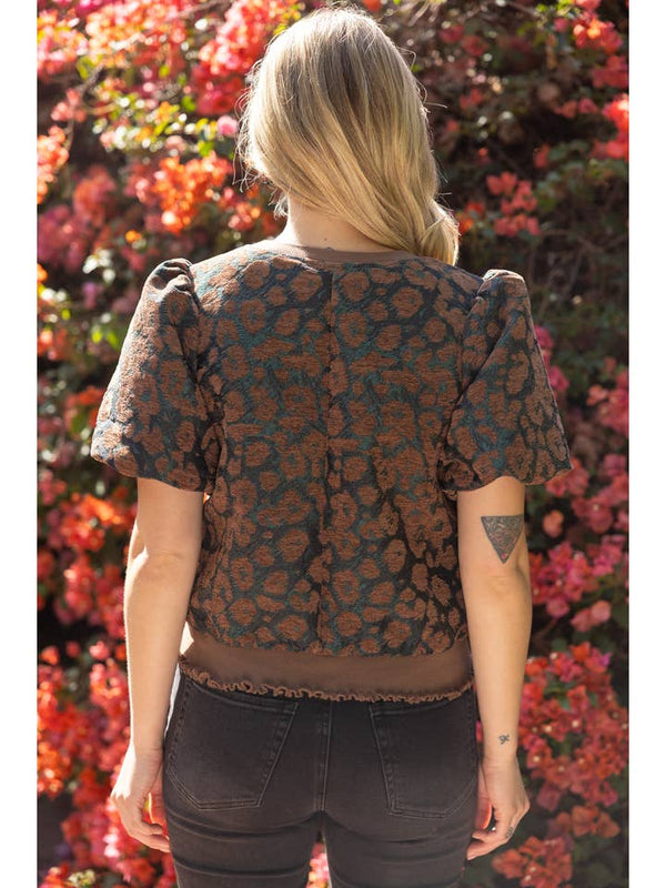 Short Bubble Sleeve Animal Velvet Jaquard Top