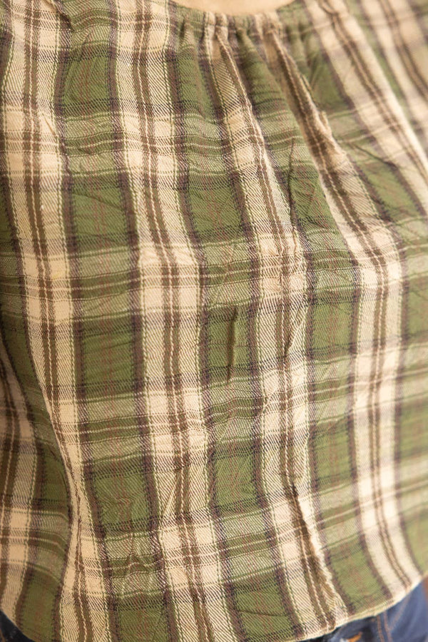 Suede Accent Banded Crinkled Plaid Top