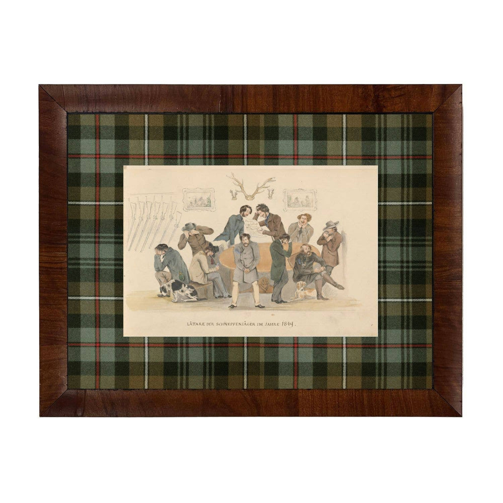 Hunt club scene matted in green and brown tartan
