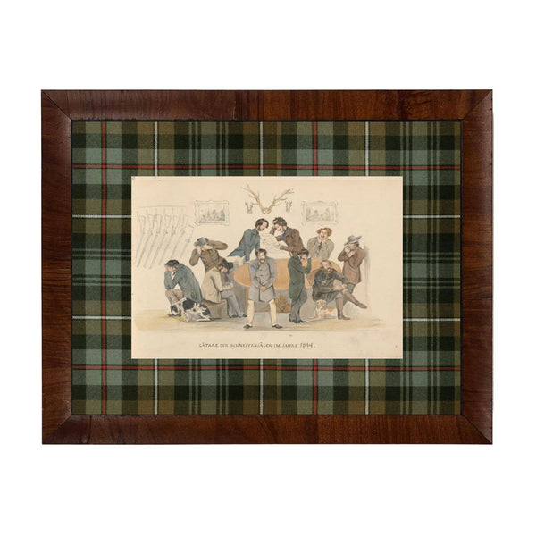 Hunt club scene matted in green and brown tartan