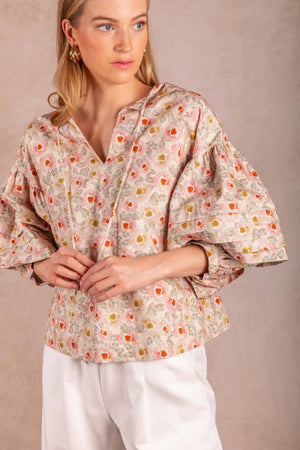 Print Cotton Peasant Blouse Knotted String Top