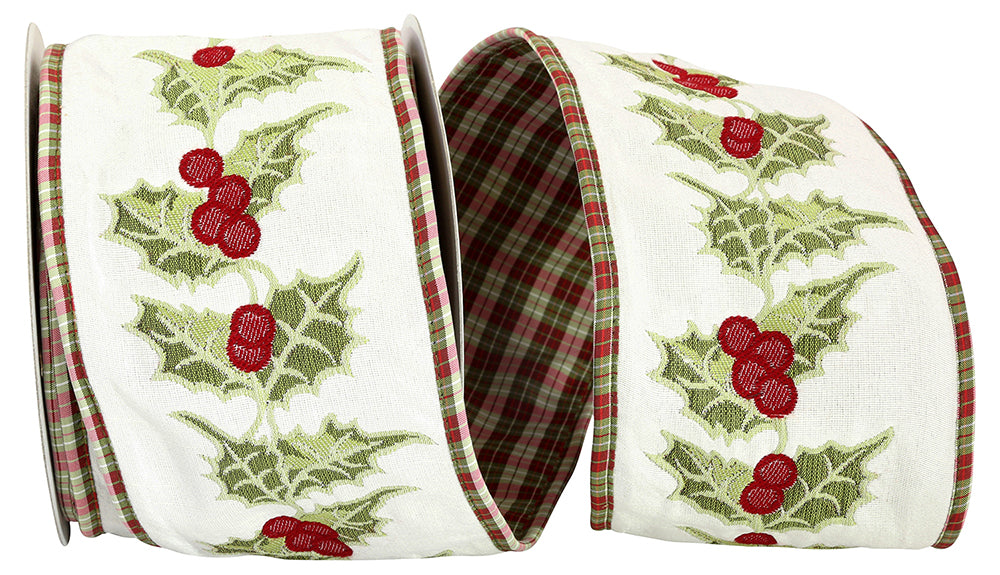 EMBROIDERY HOLLY PLAID BACK WIRED EDGE RIBBON