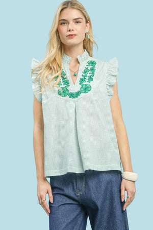 Embroidered Ruffle Sleeve Popover Top