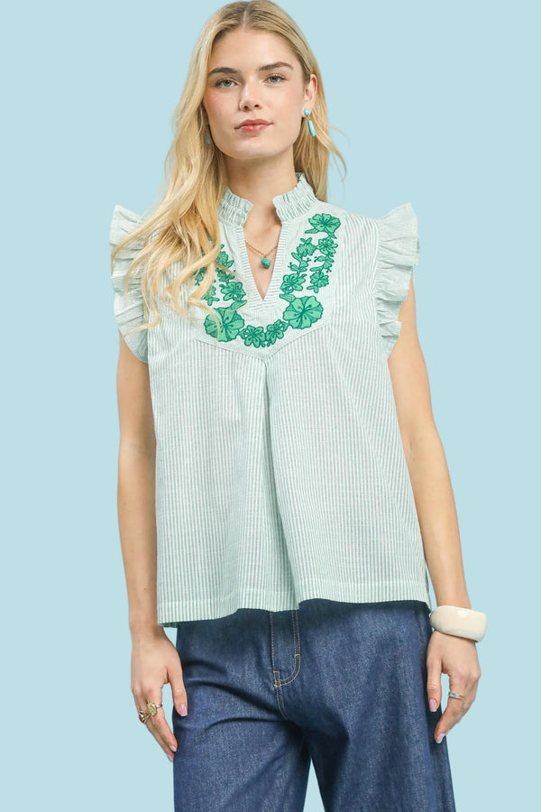 Embroidered Ruffle Sleeve Popover Top