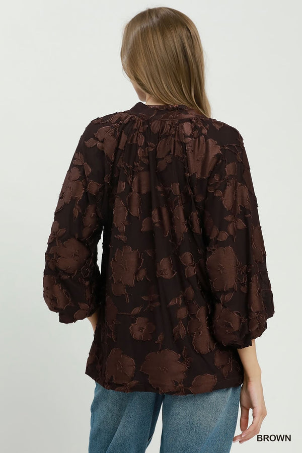 Textured Floral Balloon Sleeve Blouse
