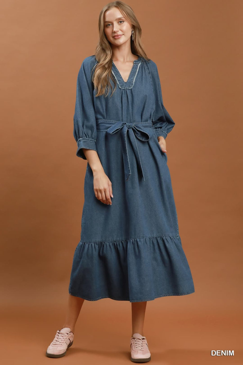 Chambray Belted Ruffle Hem Midi Dress