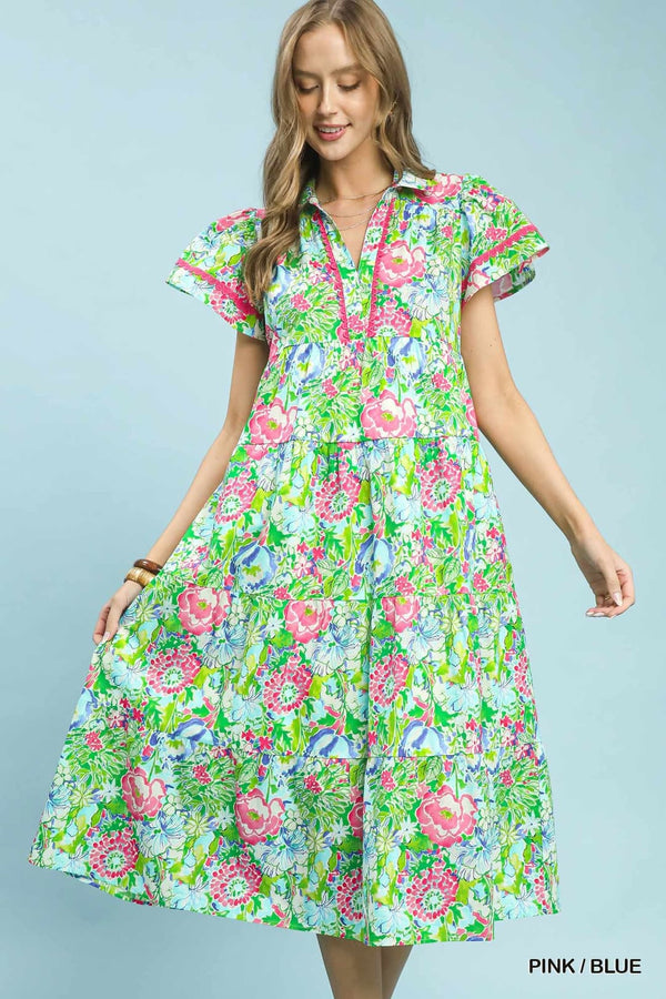 Bold Mixed Floral Tiered Midi Dress