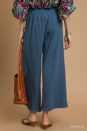 Linen Wide Leg Frayed Hem Palazzo Pants