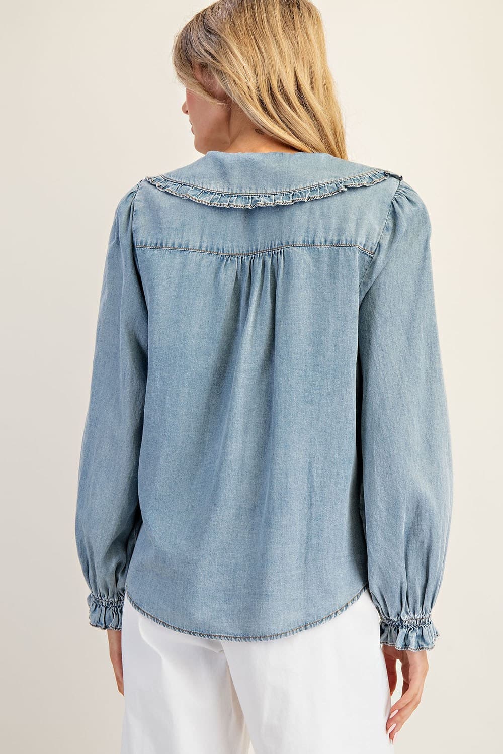 Mineral Washed Round Collar Button Down Blouse