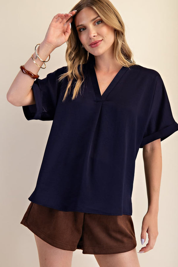 V-Neck Placket Cuffs Sleeve Top
