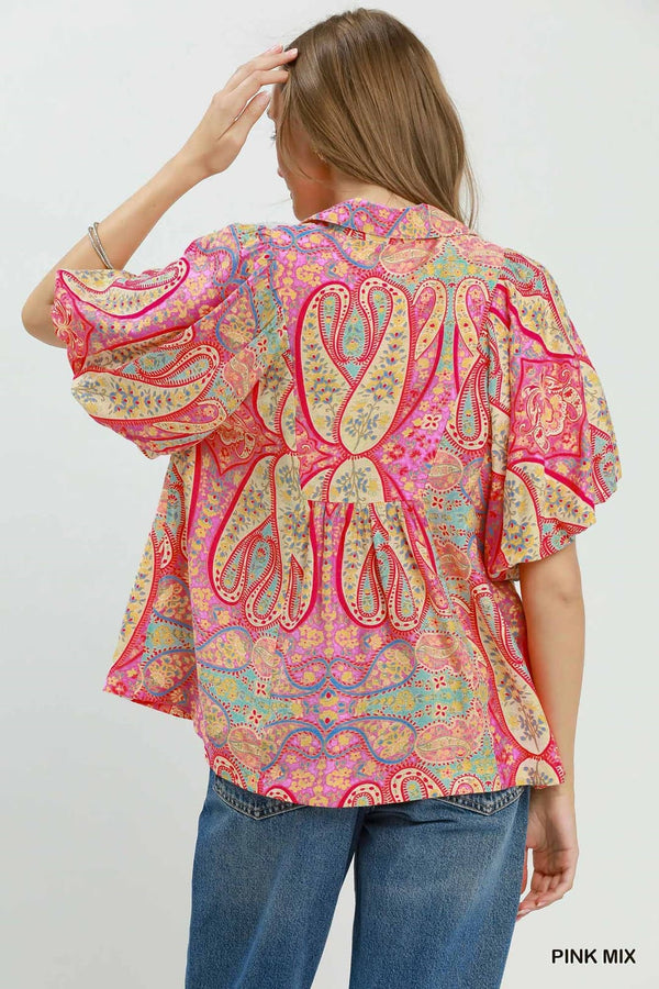 Abstract Print Smocked Detail Flutter Sleeve Blouse