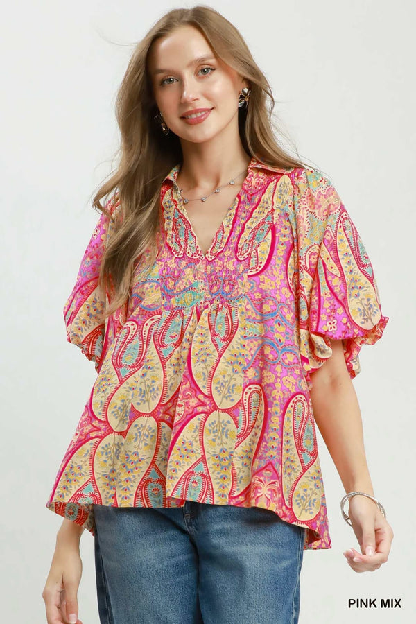Abstract Print Smocked Detail Flutter Sleeve Blouse
