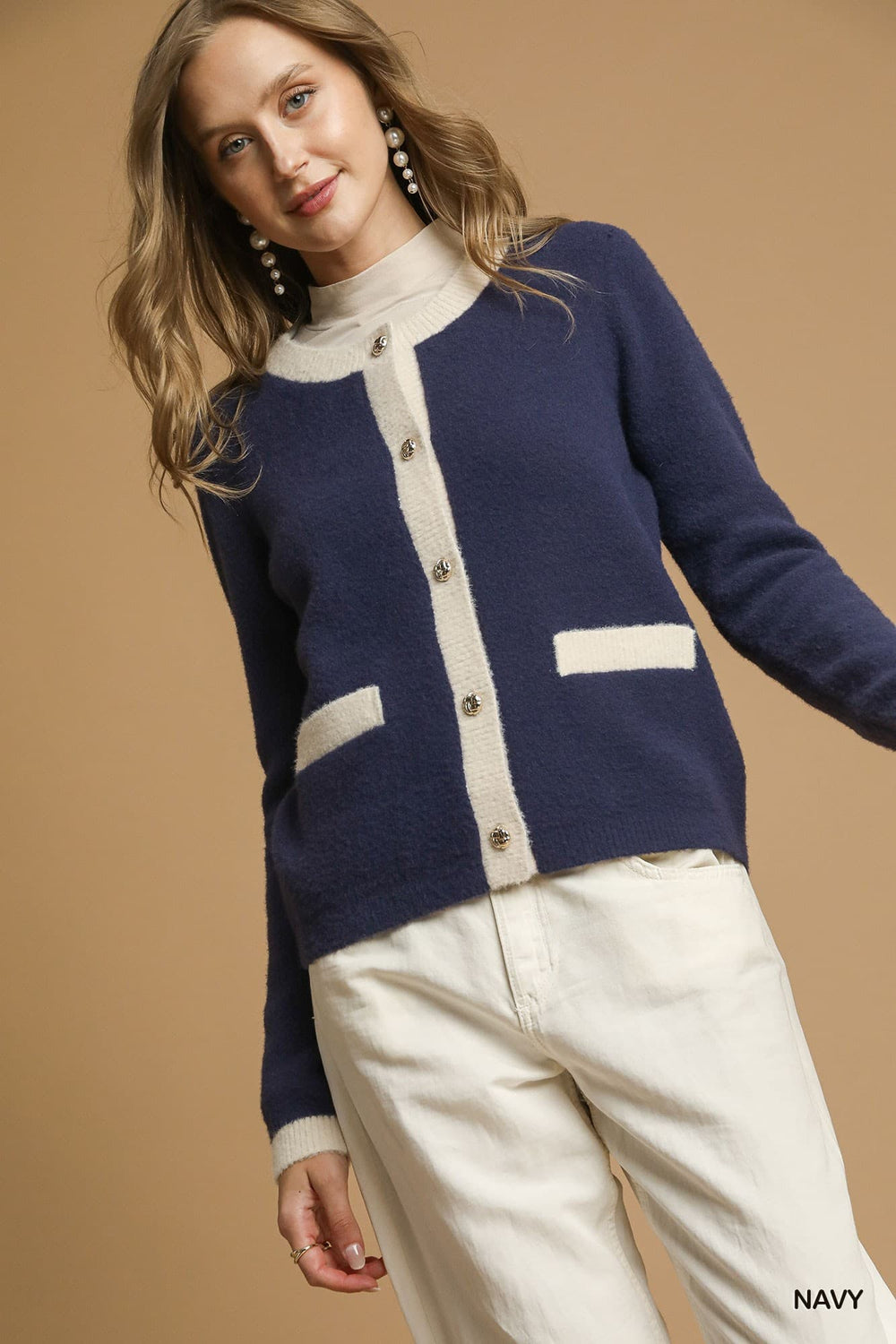 Two-Tone Button Front Cardigan Sweater