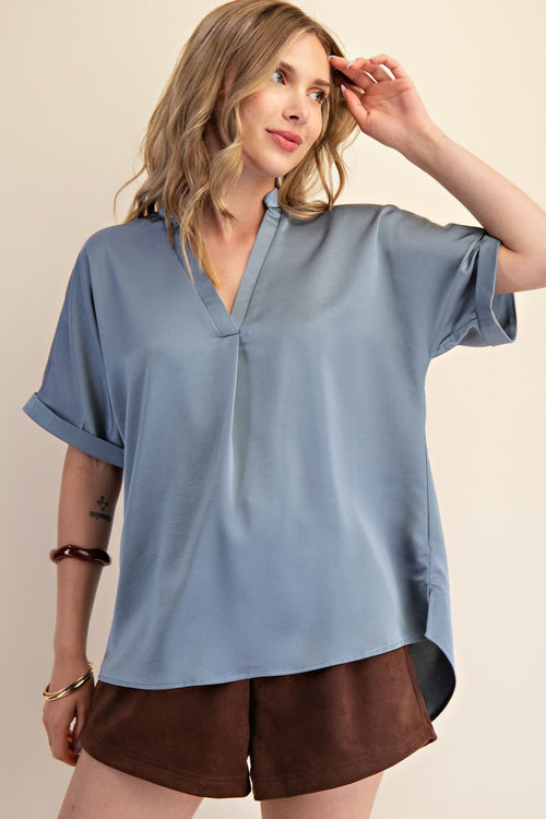 V-Neck Placket Cuffs Sleeve Top