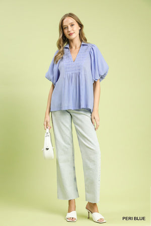 Smocked V-Neck Puff Sleeve Top