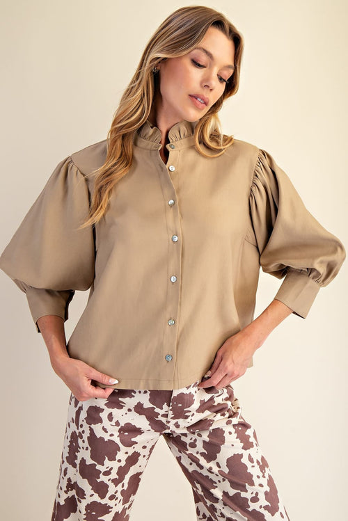 Ruffle Neck Puff Sleeve Blouse