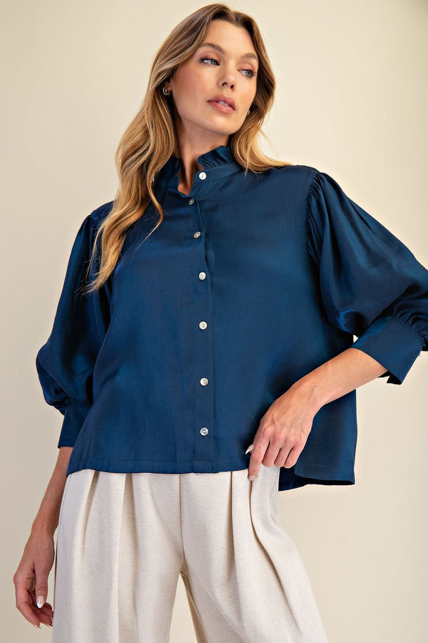 Ruffle Neck Puff Sleeve Blouse