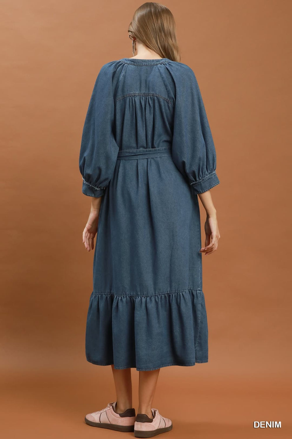 Chambray Belted Ruffle Hem Midi Dress