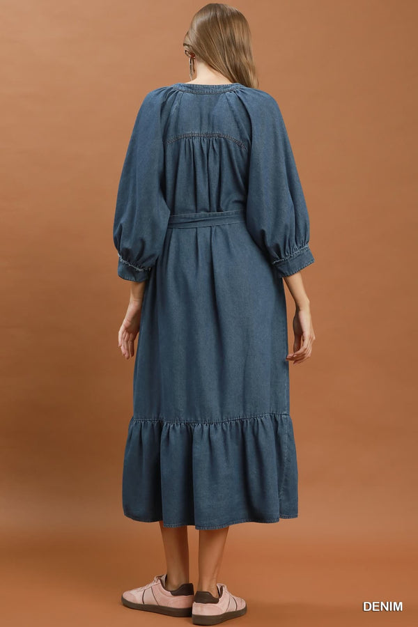 Chambray Belted Ruffle Hem Midi Dress