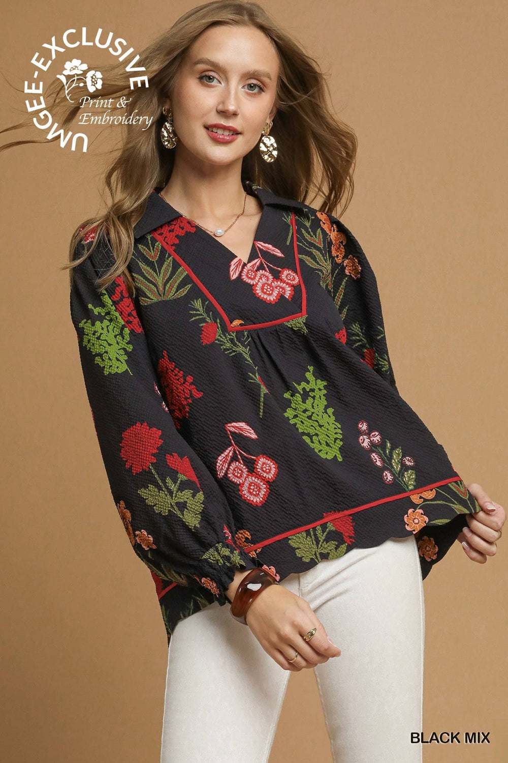 Floral Print Textured Fabric Collared Top