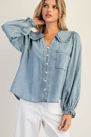 Mineral Washed Round Collar Button Down Blouse
