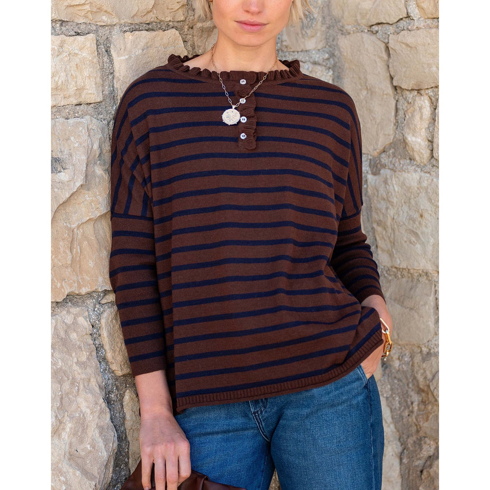 Catalina Cotton Ruffle Henley - Walnut / Marine