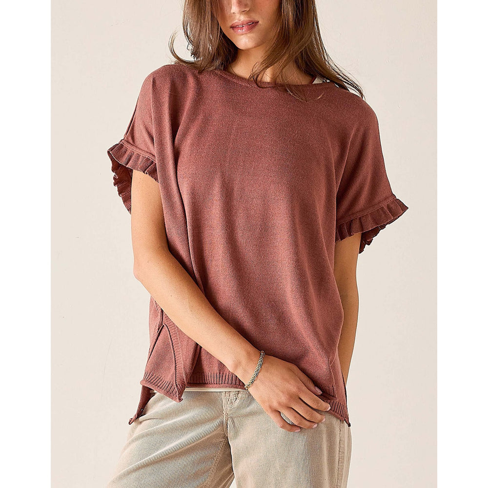 Catalina Short Sleeve Ruffle Sweater - Burnt Brick