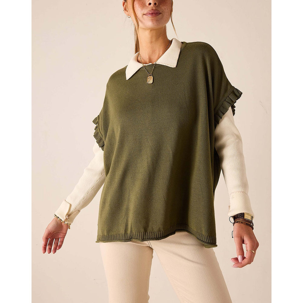 Catalina Short Sleeve Ruffle Sweater - Moss