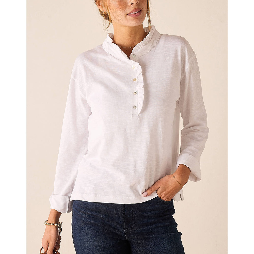 Josephine Long Sleeve Ruffle Henley - White