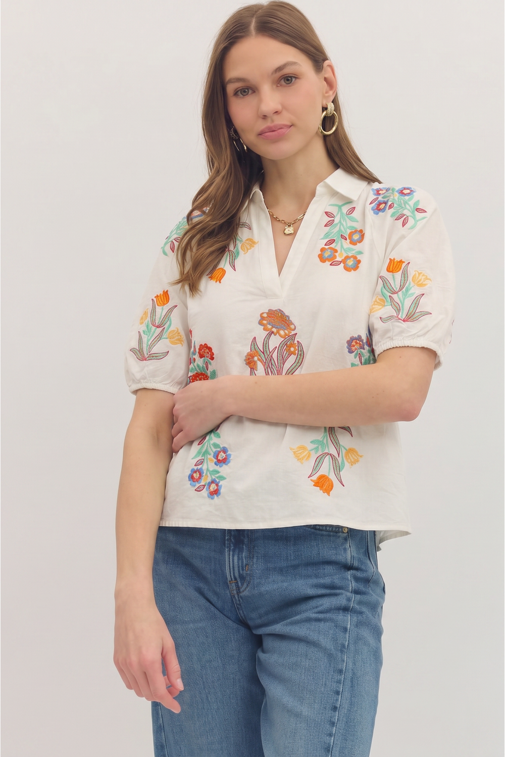 Embroidery Detail Collared Top