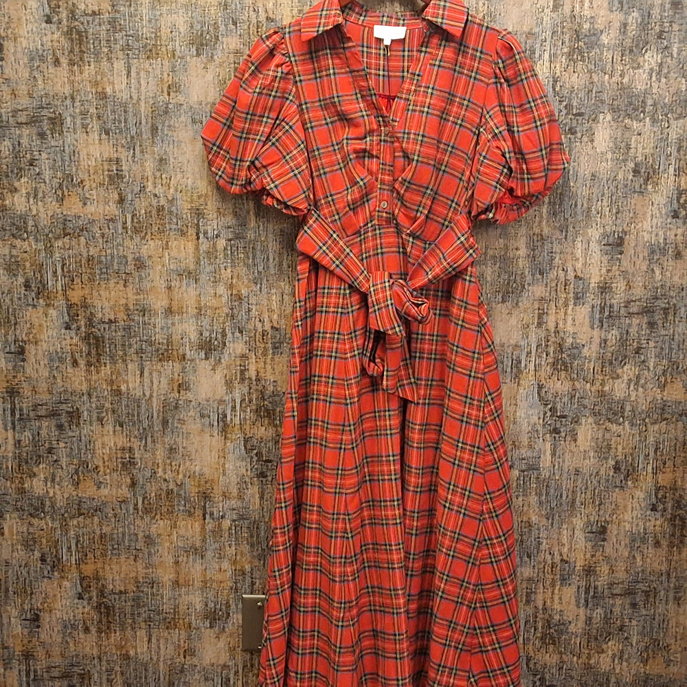 Plaid Puff Sleeve Midi Dress