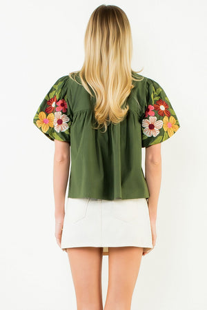 Floral Embroidery Puff Sleeves Tassel Top