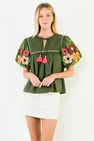 Floral Embroidery Puff Sleeves Tassel Top