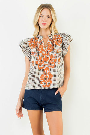 Gingham Embroidered Top